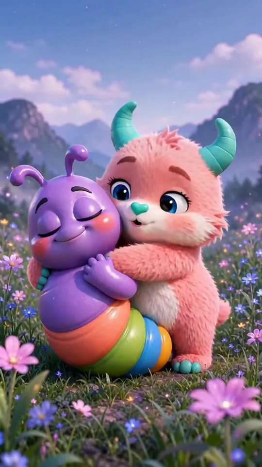 Lance the worm and Peaches sharing a hug