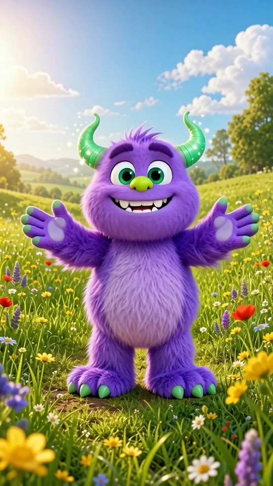 Stanley the purple monster waving in a sunny flower meadow